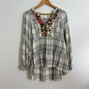 Anthropologie Darlene Plaid Peasant Blouse Long Sleeve Mixed Fabric Size M